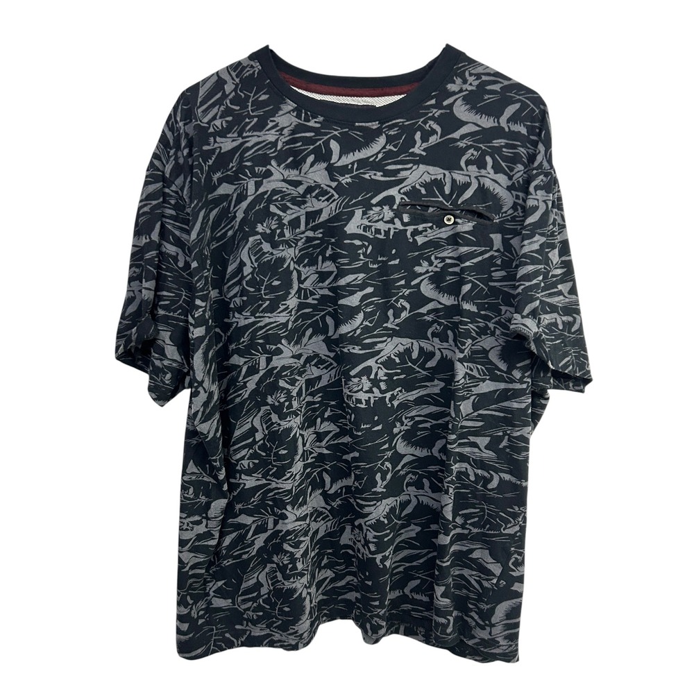 Tropical Leaf Print Pocket T Shirt Mens 2X Black‎ Gray Cotton Resort Casual Tee